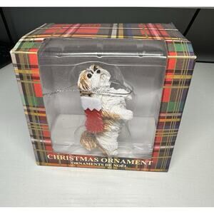 Sandicast Gold and White Shih Tzu Holding Stocking Christmas Ornament - In Box